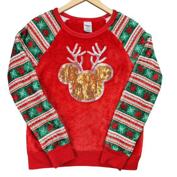 Disney Holiday Sweater Juniors 7/8 Mickey Mouse Reindeer Christmas Fuzzy Red Fes - Picture 2 of 10